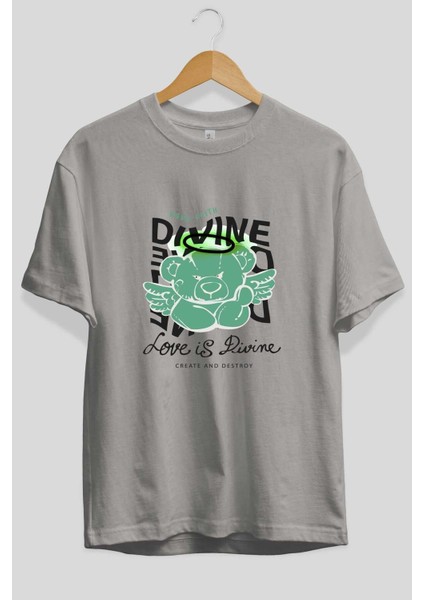 Love Is Divine Bear Ön Baskılı Gri Oversize T-Shirt Unisex Erkek Kadın Bisiklet Yaka fiyatları
