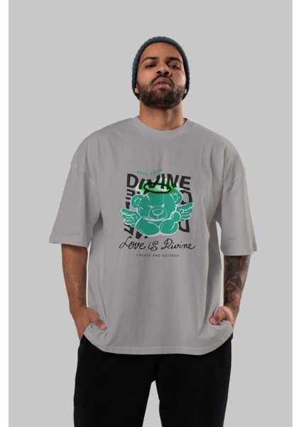 Love Is Divine Bear Ön Baskılı Gri Oversize T-Shirt Unisex Erkek Kadın Bisiklet Yaka indirimleri