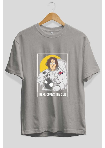 John Lennon Astronot Ön Baskılı Gri Oversize T-Shirt Unisex Erkek Kadın Bisiklet Yaka