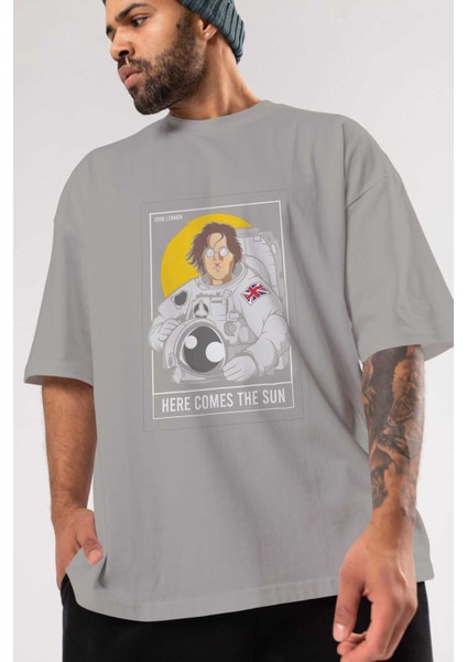 John Lennon Astronot Ön Baskılı Gri Oversize T-Shirt Unisex Erkek Kadın Bisiklet Yaka