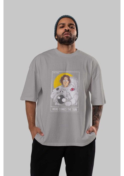 John Lennon Astronot Ön Baskılı Gri Oversize T-Shirt Unisex Erkek Kadın Bisiklet Yaka