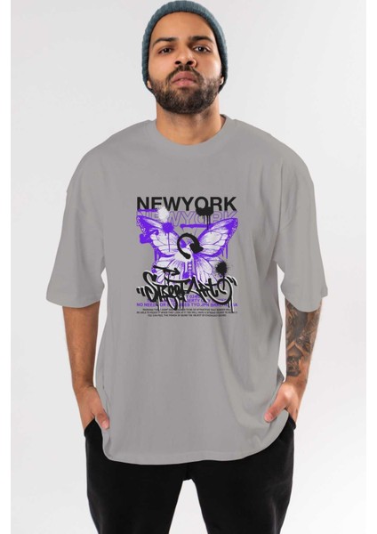 New York Street Style Ön Baskılı Gri Oversize T-Shirt Unisex Erkek Kadın Bisiklet Yaka