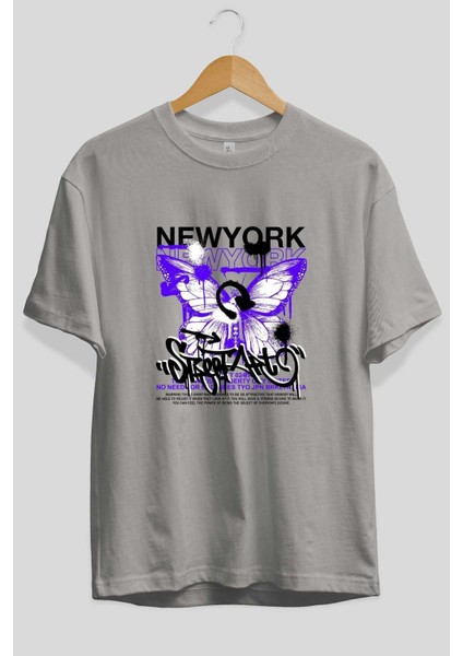 New York Street Style Ön Baskılı Gri Oversize T-Shirt Unisex Erkek Kadın Bisiklet Yaka fiyatları