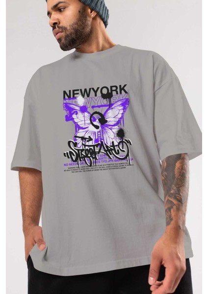 New York Street Style Ön Baskılı Gri Oversize T-Shirt Unisex Erkek Kadın Bisiklet Yaka modelleri