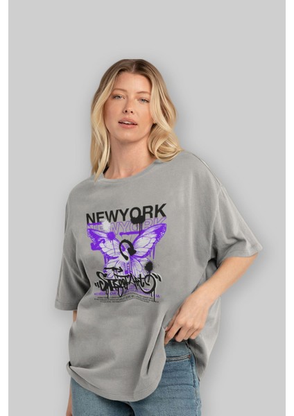 New York Street Style Ön Baskılı Gri Oversize T-Shirt Unisex Erkek Kadın Bisiklet Yaka fırsatları