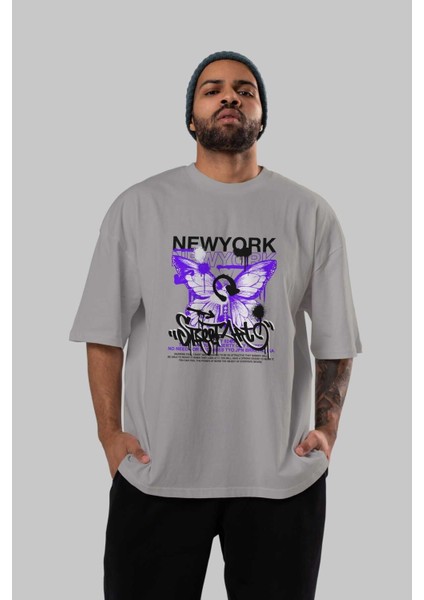 New York Street Style Ön Baskılı Gri Oversize T-Shirt Unisex Erkek Kadın Bisiklet Yaka indirimleri