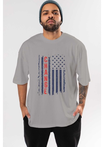 Change Ön Baskılı Gri Oversize T-Shirt Unisex Erkek Kadın Bisiklet Yaka