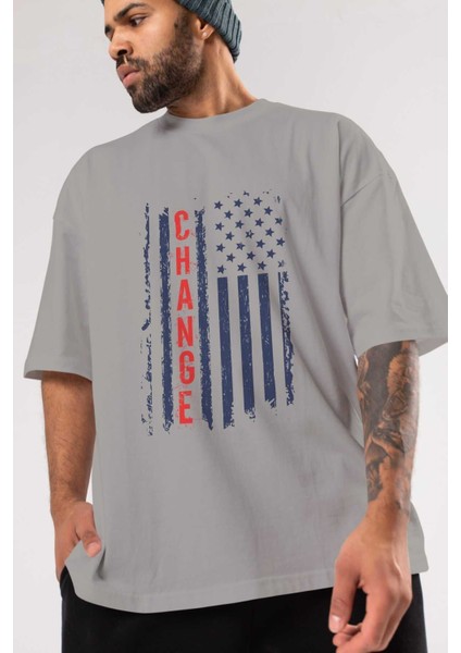 Change Ön Baskılı Gri Oversize T-Shirt Unisex Erkek Kadın Bisiklet Yaka modelleri