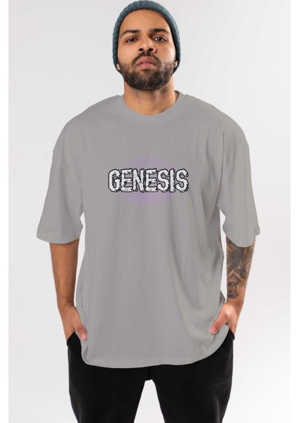 Genesis Ön Baskılı Gri Oversize T-Shirt Unisex Erkek Kadın Bisiklet Yaka