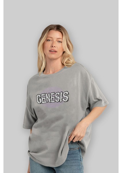 Genesis Ön Baskılı Gri Oversize T-Shirt Unisex Erkek Kadın Bisiklet Yaka fırsatları