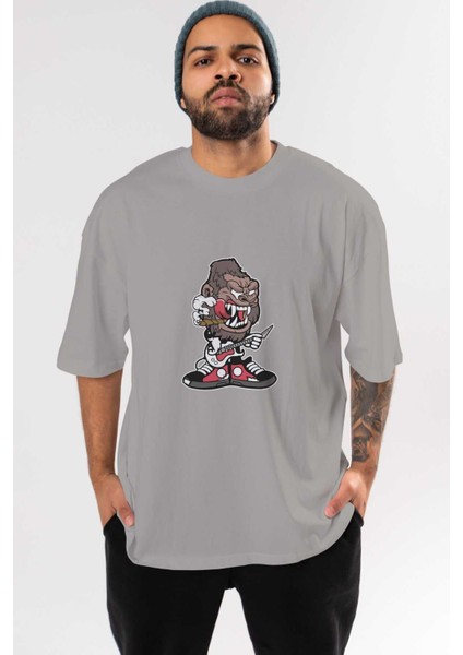 Gorilla Rock Star Ön Baskılı Gri Oversize T-Shirt Unisex Erkek Kadın Bisiklet Yaka