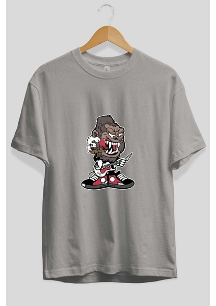 Gorilla Rock Star Ön Baskılı Gri Oversize T-Shirt Unisex Erkek Kadın Bisiklet Yaka