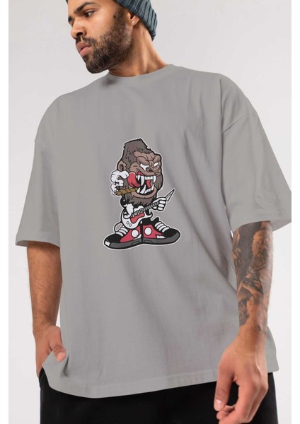 Gorilla Rock Star Ön Baskılı Gri Oversize T-Shirt Unisex Erkek Kadın Bisiklet Yaka