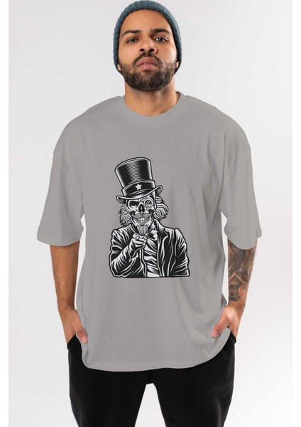 I Want You Skull Ön Baskılı Gri Oversize T-Shirt Unisex Erkek Kadın Bisiklet Yaka