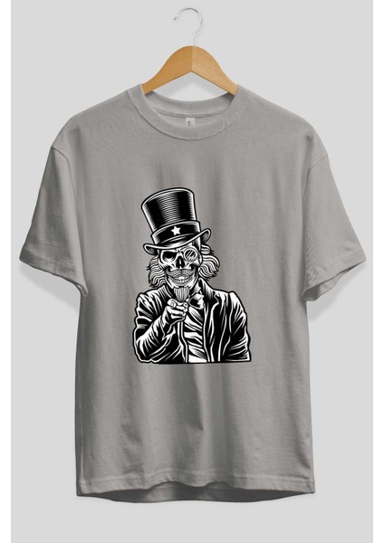 I Want You Skull Ön Baskılı Gri Oversize T-Shirt Unisex Erkek Kadın Bisiklet Yaka fiyatları