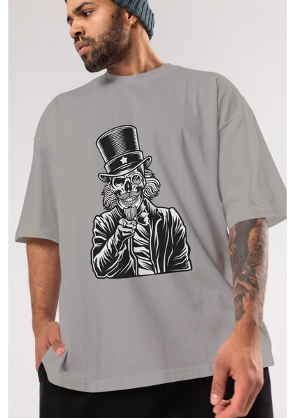 I Want You Skull Ön Baskılı Gri Oversize T-Shirt Unisex Erkek Kadın Bisiklet Yaka modelleri