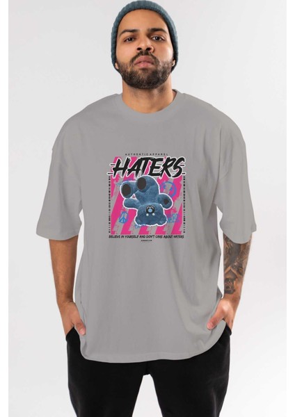 Haters Bear Ön Baskılı Gri Oversize T-Shirt Unisex Erkek Kadın Bisiklet Yaka