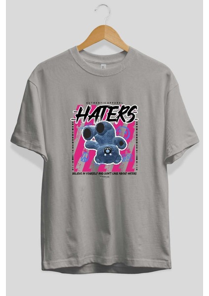 Haters Bear Ön Baskılı Gri Oversize T-Shirt Unisex Erkek Kadın Bisiklet Yaka fiyatları