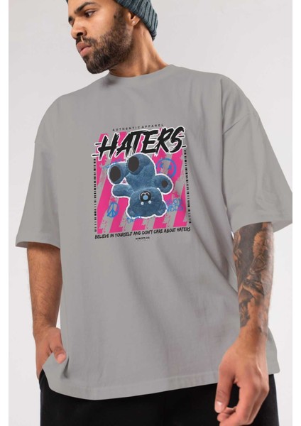Haters Bear Ön Baskılı Gri Oversize T-Shirt Unisex Erkek Kadın Bisiklet Yaka modelleri