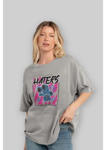 Haters Bear Ön Baskılı Gri Oversize T-Shirt Unisex Erkek Kadın Bisiklet Yaka fırsatları
