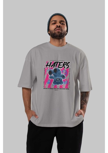Haters Bear Ön Baskılı Gri Oversize T-Shirt Unisex Erkek Kadın Bisiklet Yaka indirimleri