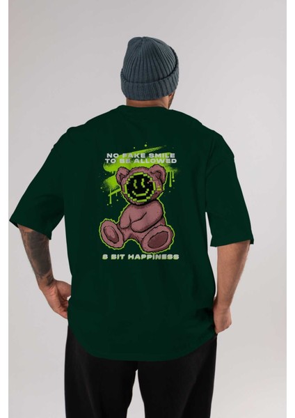 No Fake Smile Bear Arka Baskılı Zümrüt Yeşili Oversize T-Shirt Unisex Erkek Kadın Bisiklet Yaka