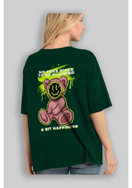 No Fake Smile Bear Arka Baskılı Zümrüt Yeşili Oversize T-Shirt Unisex Erkek Kadın Bisiklet Yaka fırsatları