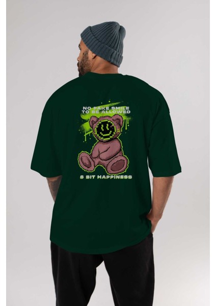 No Fake Smile Bear Arka Baskılı Zümrüt Yeşili Oversize T-Shirt Unisex Erkek Kadın Bisiklet Yaka indirimleri