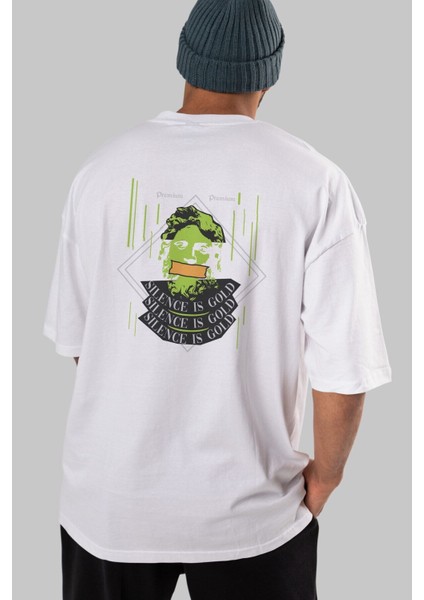 Silence Is Gold Arka Baskılı Beyaz Oversize T-Shirt Erkek Kadın Bisiklet Yaka
