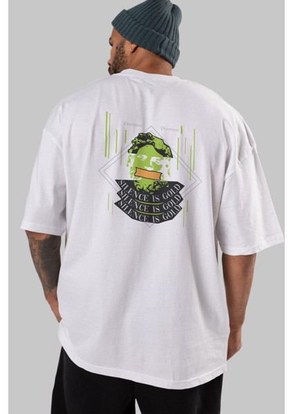 Silence Is Gold Arka Baskılı Beyaz Oversize T-Shirt Erkek Kadın Bisiklet Yaka fiyatları