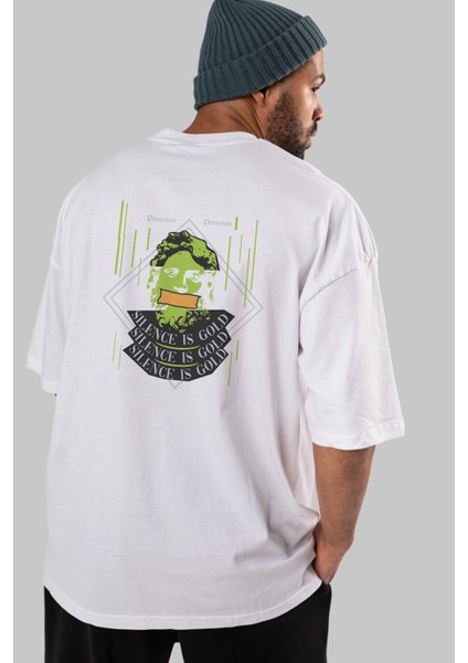 Silence Is Gold Arka Baskılı Beyaz Oversize T-Shirt Erkek Kadın Bisiklet Yaka modelleri