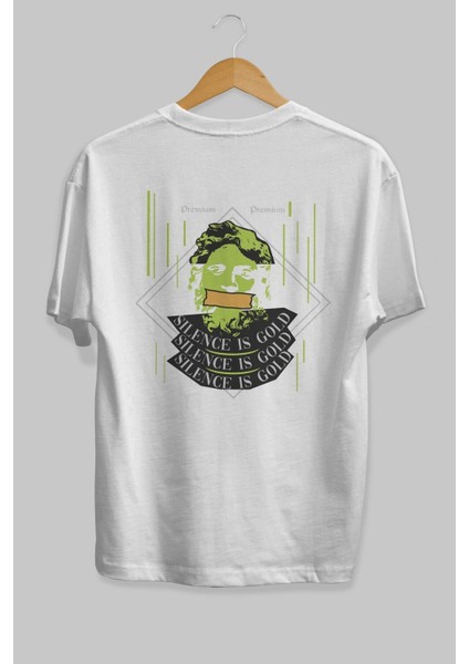 Silence Is Gold Arka Baskılı Beyaz Oversize T-Shirt Erkek Kadın Bisiklet Yaka fırsatları