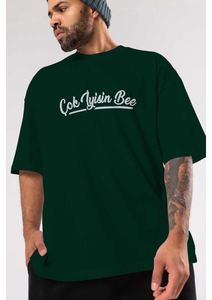 Çok Iyisin Be Ön Baskılı Zümrüt Yeşili Oversize T-Shirt Erkek Kadın Bisiklet Yaka modelleri