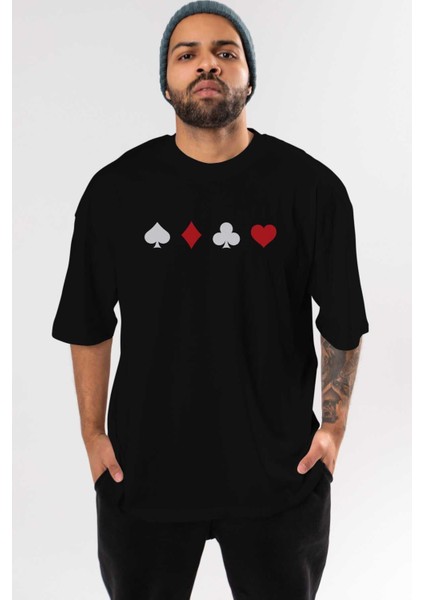 Maça Karo Sinek Kupa Ön Baskılı Siyah Oversize T-Shirt Erkek Kadın Bisiklet Yaka