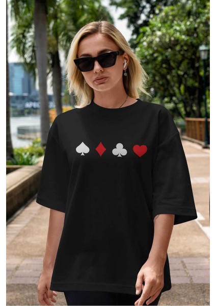 Maça Karo Sinek Kupa Ön Baskılı Siyah Oversize T-Shirt Erkek Kadın Bisiklet Yaka indirimleri