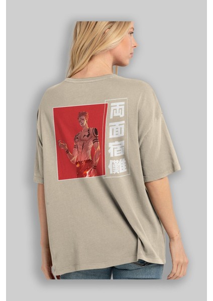 Sukuna Ryoumen 3 Anime Arka Baskılı Bej Oversize T-Shirt %100 Pamuk Erkek Kadın modelleri