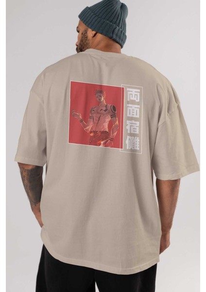 Sukuna Ryoumen 3 Anime Arka Baskılı Bej Oversize T-Shirt %100 Pamuk Erkek Kadın indirimleri