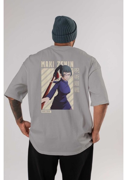 Maki Zenin Chainsawman Anime Arka Baskılı Gri Oversize T-Shirt %100 Pamuk Erkek Kadın
