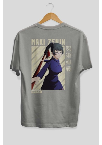 Maki Zenin Chainsawman Anime Arka Baskılı Gri Oversize T-Shirt %100 Pamuk Erkek Kadın fiyatları