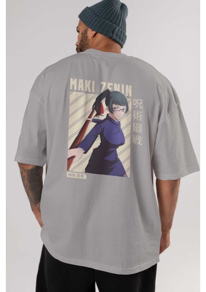 Maki Zenin Chainsawman Anime Arka Baskılı Gri Oversize T-Shirt %100 Pamuk Erkek Kadın indirimleri