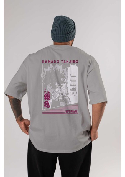 Tanjıro Kamado 3 Anime Arka Baskılı Gri Oversize T-Shirt %100 Pamuk Erkek Kadın