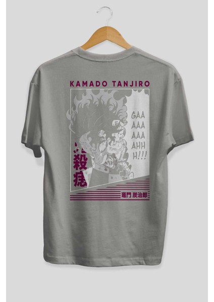 Tanjıro Kamado 3 Anime Arka Baskılı Gri Oversize T-Shirt %100 Pamuk Erkek Kadın fiyatları