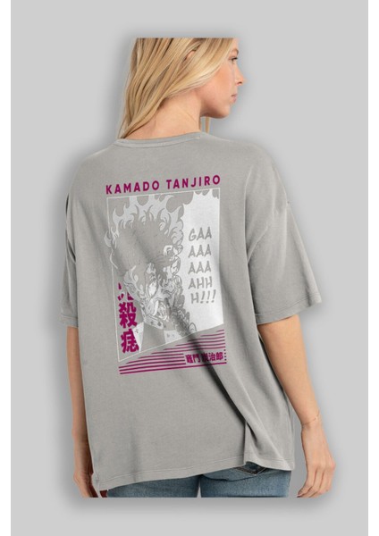Tanjıro Kamado 3 Anime Arka Baskılı Gri Oversize T-Shirt %100 Pamuk Erkek Kadın modelleri