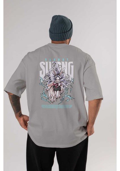 Carrot Sulong Anime Arka Baskılı Gri Oversize T-Shirt %100 Pamuk Erkek Kadın