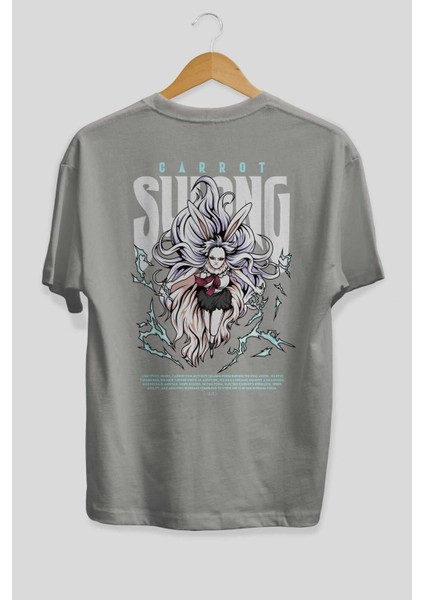 Carrot Sulong Anime Arka Baskılı Gri Oversize T-Shirt %100 Pamuk Erkek Kadın