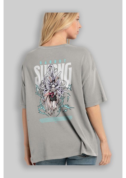 Carrot Sulong Anime Arka Baskılı Gri Oversize T-Shirt %100 Pamuk Erkek Kadın