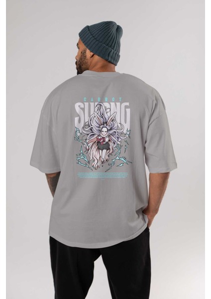 Carrot Sulong Anime Arka Baskılı Gri Oversize T-Shirt %100 Pamuk Erkek Kadın