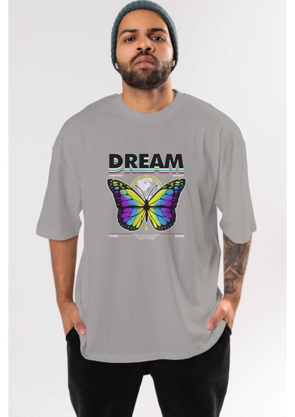 Dream Company Ön Baskılı Gri Oversize T-Shirt Unisex Erkek Kadın Bisiklet Yaka
