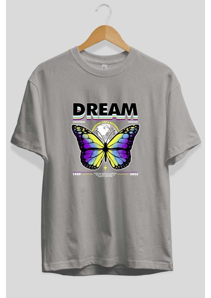 Dream Company Ön Baskılı Gri Oversize T-Shirt Unisex Erkek Kadın Bisiklet Yaka fiyatları