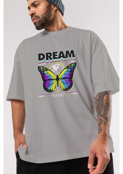 Dream Company Ön Baskılı Gri Oversize T-Shirt Unisex Erkek Kadın Bisiklet Yaka modelleri